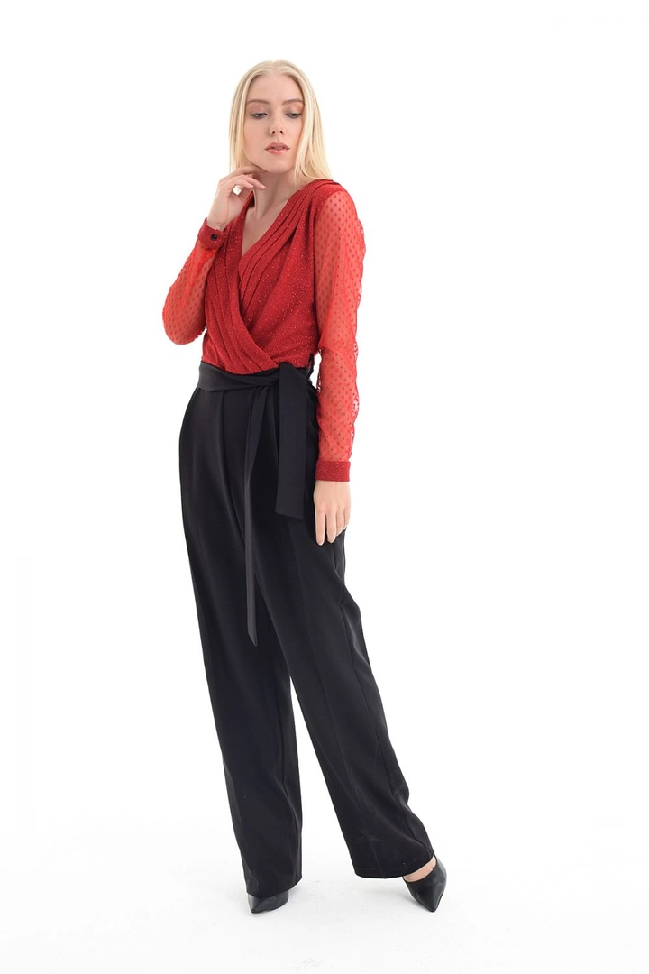 A wholesale clothing model wears sns11004-sense-red-evening-dress-jumpsuit, Turkish wholesale Jumpsuit of SENSE