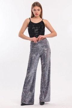 A wholesale clothing model wears sns11008-sense-a.gray-elastic-wide-leg-sequined-evening-dress-trousers, Turkish wholesale Pants of SENSE