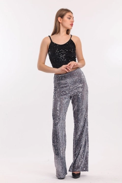 A wholesale clothing model wears sns11008-sense-a.gray-elastic-wide-leg-sequined-evening-dress-trousers, Turkish wholesale Pants of SENSE