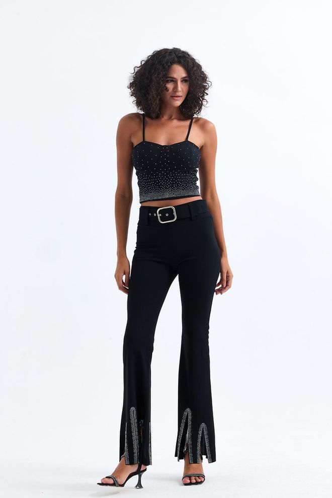 SENSE Sense Black Belted Evening Dress Trousers With Stone Detail Wholesale Clothing No Fabric