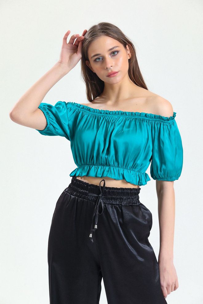 SENSE Sense Green Collar And Skirt Elastic Gathered Satin Blouse With Elastic Cuffs Wholesale Clothing Casual