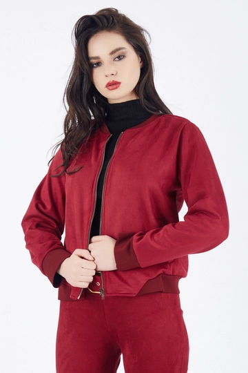 A wholesale clothing model wears  Sense Claret Red Collar And Cuff Reverse Suede Coat
, Turkish wholesale Jacket of SENSE