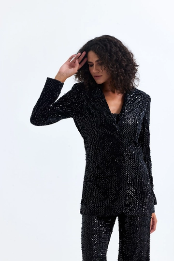 A wholesale clothing model wears  Black Lined Sequin Evening Dress Jacket
, Turkish wholesale Jacket of SENSE