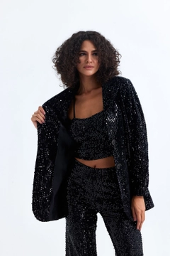A wholesale clothing model wears sns11034-black-lined-sequin-evening-dress-jacket, Turkish wholesale Jacket of SENSE