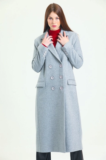 A wholesale clothing model wears  Lined Long Plus Size Cashmere Coat - Gray
, Turkish wholesale Coat of SENSE