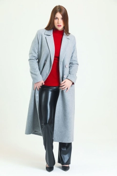 Un mannequin de vêtements en gros porte sns11054-lined-long-plus-size-cashmere-coat-gray, Manteau en gros de SENSE en provenance de Turquie