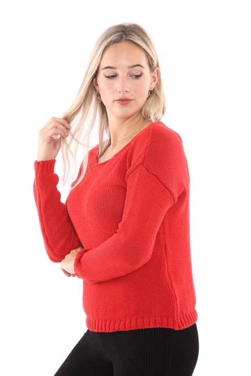 Hurtowa modelka nosi  Sweter Z Okrągłym Dekoltem – Czerwony
, turecka hurtownia Sweter firmy SENSE