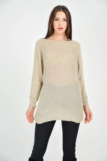 A wholesale clothing model wears  Boat Neck Glitter Sweater - Mink
, Turkish wholesale Sweater of SENSE