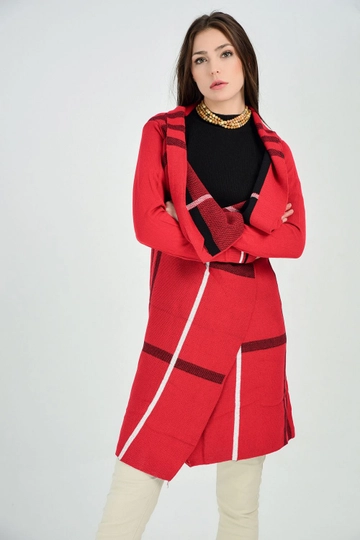 Bir model, SENSE toptan giyim markasının  Fitilli Kol Ekose Hırka - Kırmızı & Siyah
 toptan Hırka ürününü sergiliyor.