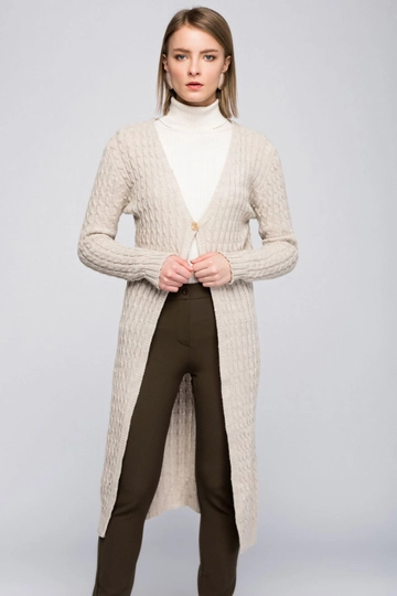 A wholesale clothing model wears  V-Neck Single Button Long Knitted Cardigan - Beige
, Turkish wholesale Cardigan of SENSE