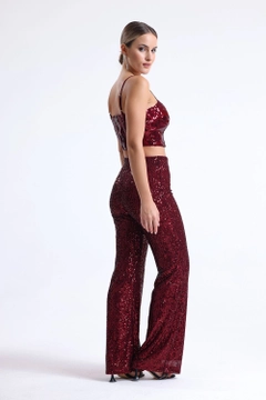 A wholesale clothing model wears sns11104-sequined-evening-dress-trousers-with-elastic-waist-claret-red, Turkish wholesale Pants of SENSE