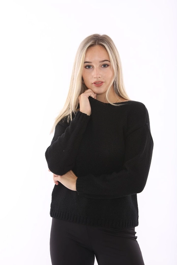 Ein Bekleidungsmodell aus dem Großhandel trägt  Pullover Mit Rundhalsausschnitt – Schwarz
, türkischer Großhandel Pullover von SENSE
