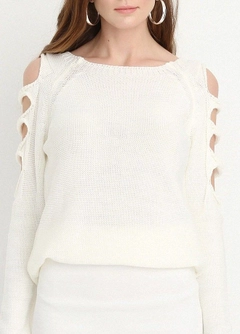 A wholesale clothing model wears sns11070-off-shoulder-knitwear-sweater-ecru, Turkish wholesale Sweater of SENSE