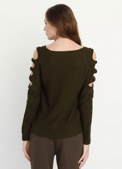 A wholesale clothing model wears sns11073-off-shoulder-knitwear-sweater-khaki, Turkish wholesale Sweater of SENSE