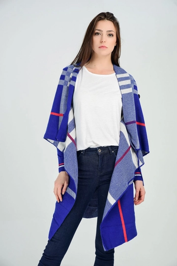 A wholesale clothing model wears  Ribbed Sleeve Plaid Cardigan - Saks & Ecru
, Turkish wholesale Cardigan of SENSE