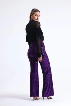 A wholesale clothing model wears sns11089-elastic-wide-leg-sequined-evening-dress-trousers-purple, Turkish wholesale Pants of SENSE