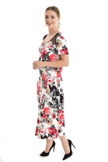 Veleprodajni model oblačil nosi  Mrežasta Obleka Na Ramenih S Cvetličnim Motivom – Rdeča/ekru
, turška veleprodaja  od SENSE