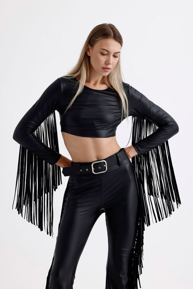 SENSE Blúzka Z Umelej Kože S Dlhým Rukávom Sense Black Crop Tassel Veľkoobchod s oblečením Flapper
