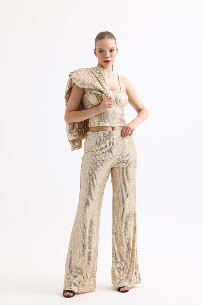 SENSE Sense Gold Elastic Waist Sequin Evening Dress Trousers Gold Wholesale Clothing Glam