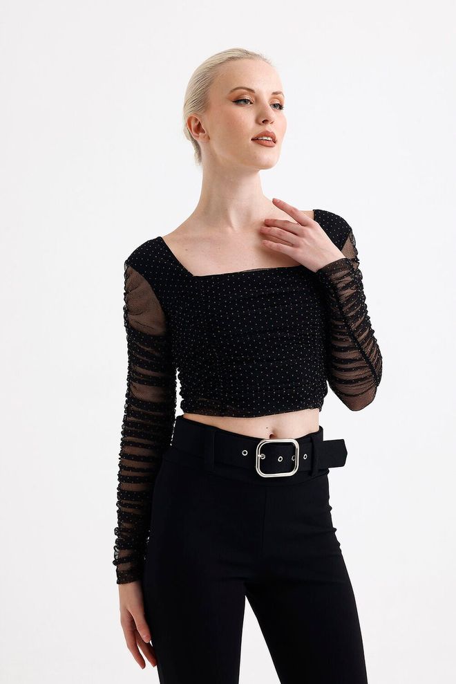 SENSE Sense – Chemisier Noir À Manches Longues Et Col Carré En Tulle Froncé Élastique Robe De Soirée Vêtements en gros Décontracté