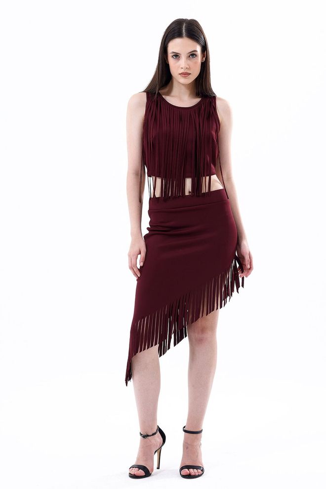 SENSE Falda De Vestido De Noche Menos Simétrica Con Flecos Burdeos De Sense Ropa al por mayor Casual