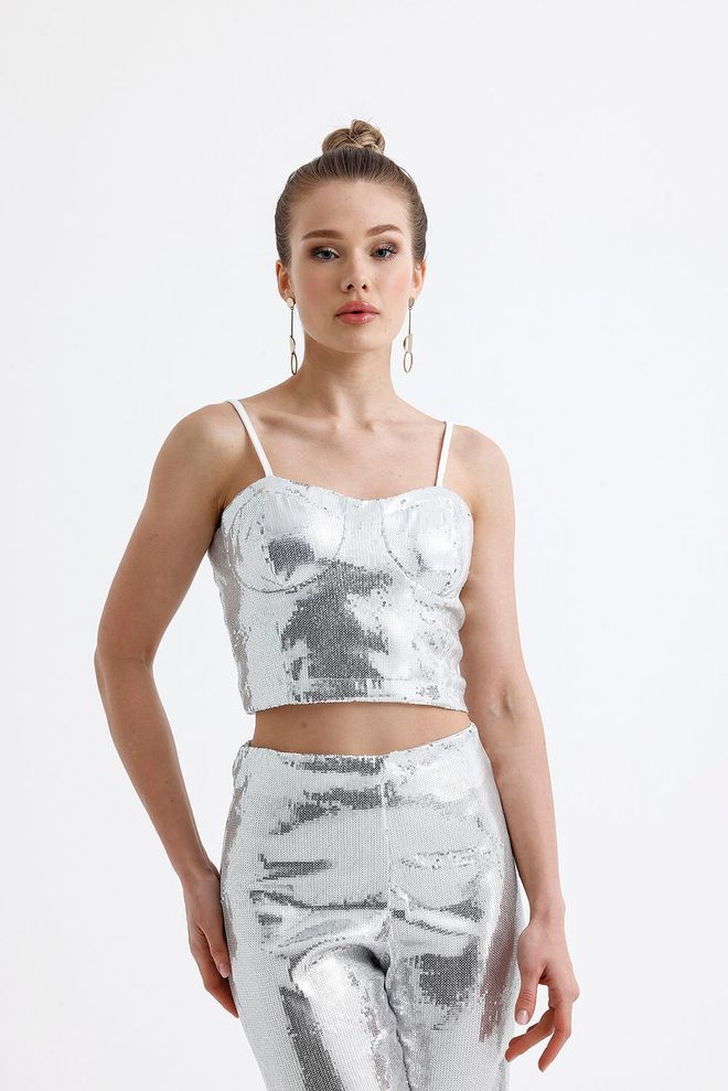 SENSE Sense Silver Globe Zippered Sequin Bustier Wholesale Clothing Party