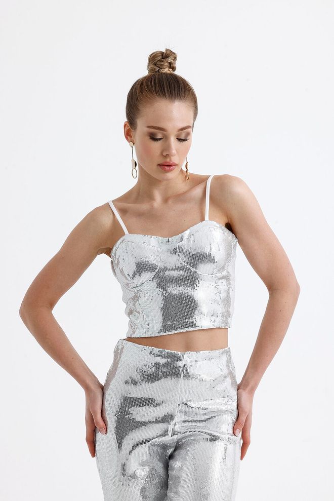 SENSE Sense Silver Globe Zippered Sequin Bustier Wholesale Clothing Polyester