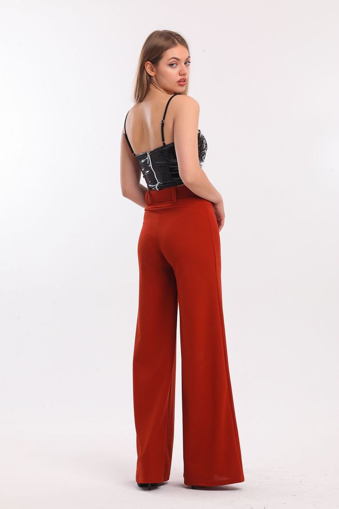 SENSE Sense Kıremıt Kemerli İspanyol Paça Scuba Krep Pantolon Toptan Giyim Polyester