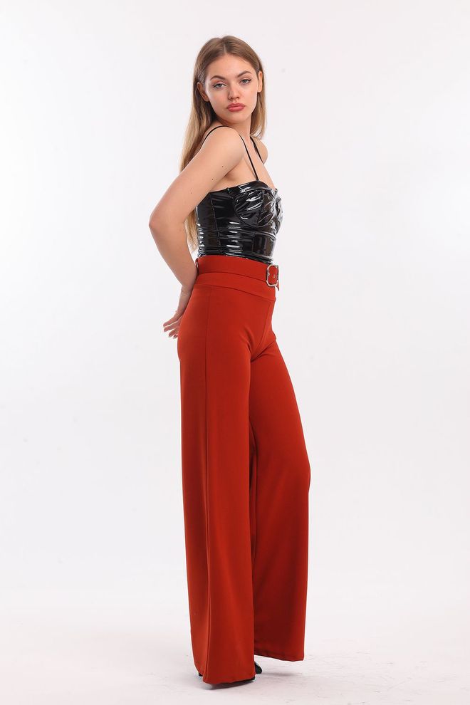 SENSE Sense Kıremıt Kemerli İspanyol Paça Scuba Krep Pantolon Toptan Giyim Yaz