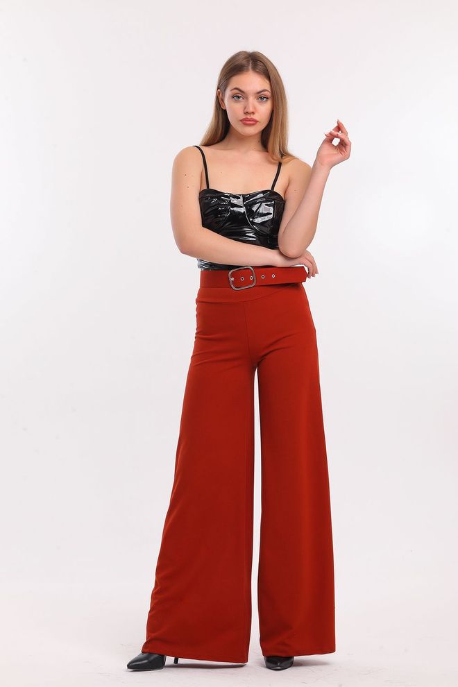 SENSE Sense Kıremıt Kemerli İspanyol Paça Scuba Krep Pantolon Toptan Giyim Doğum Günü