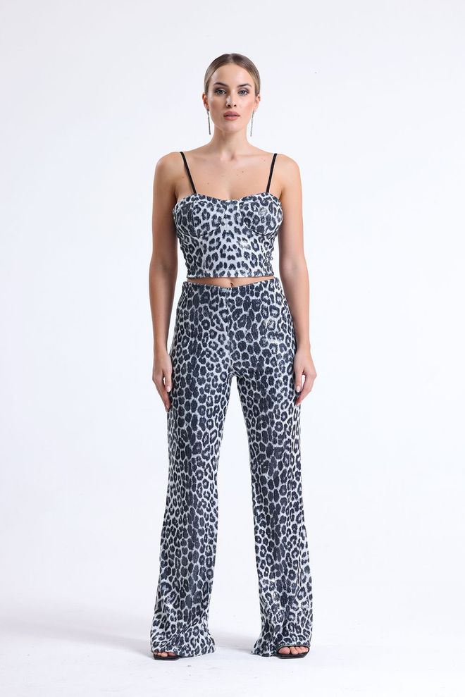 SENSE Black Silver Leopard Gloped Zippered Sequined Bustier Wholesale Clothing Spring