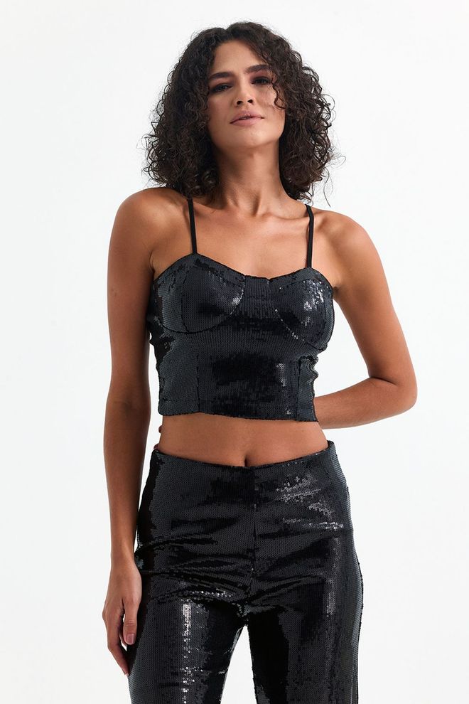 SENSE Bustier Mit Pailletten Und Reißverschluss In Schwarz Und Silber Mit Leopardenmuster Großhandelskleidung Lässig