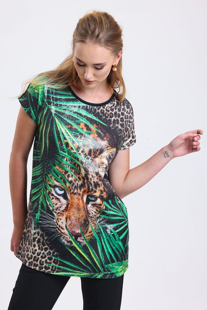 SENSE Digital Printed Detailed Sequin Tunic Black Wholesale Clothing Work