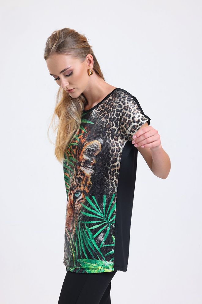 SENSE Digital Printed Detailed Sequin Tunic Black Wholesale Clothing Polyester