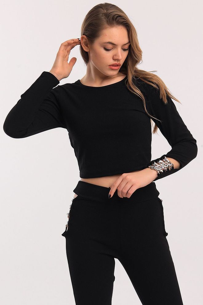 SENSE Bluse Aus Scuba Krepp Mit Silberner Gliederkette Am Ärmel – Schwarz Großhandelskleidung Elegant