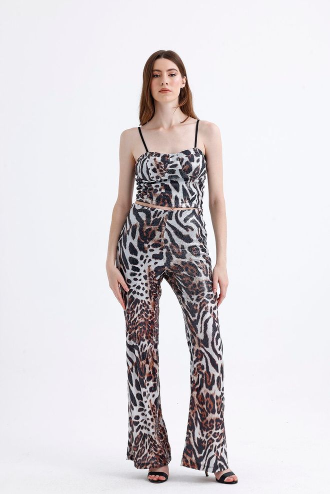 SENSE Zippered Sequin Bustier With Tiger Glops Brown Wholesale Clothing Spring