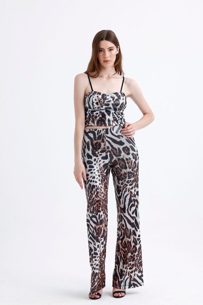 SENSE Zippered Sequin Bustier With Tiger Glops Brown Wholesale Clothing Birthday