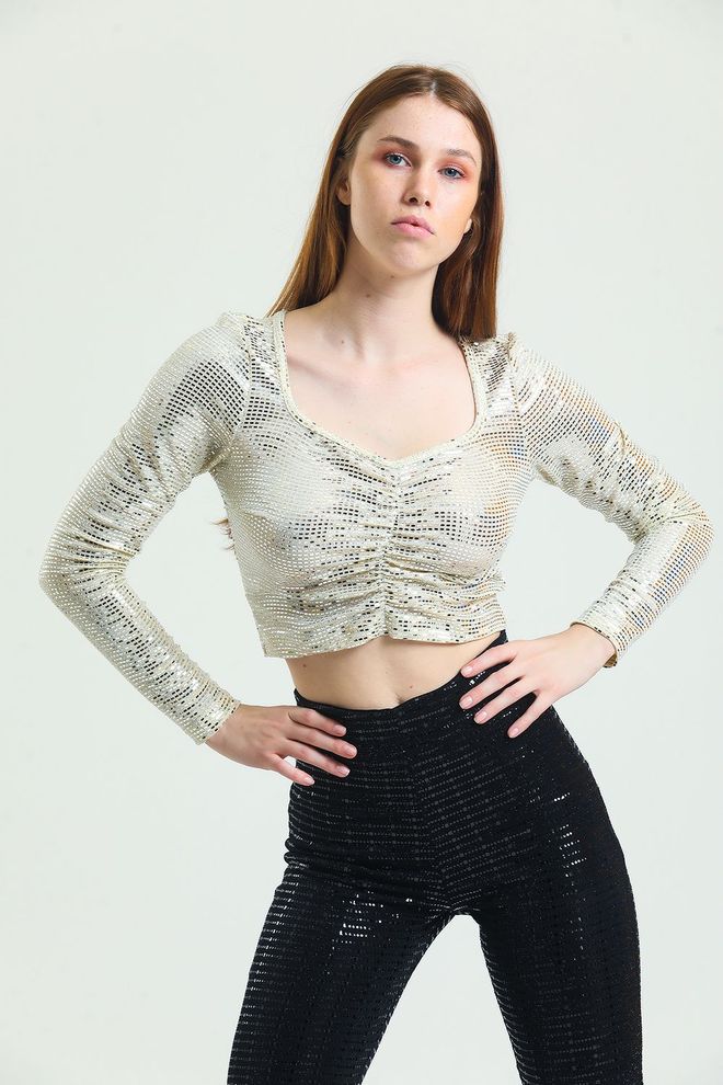 SENSE Chemisier Buzi À Paillettes Réunis Élastique À Manches Longues Sur Le Devant Beige Vêtements en gros Sexy
