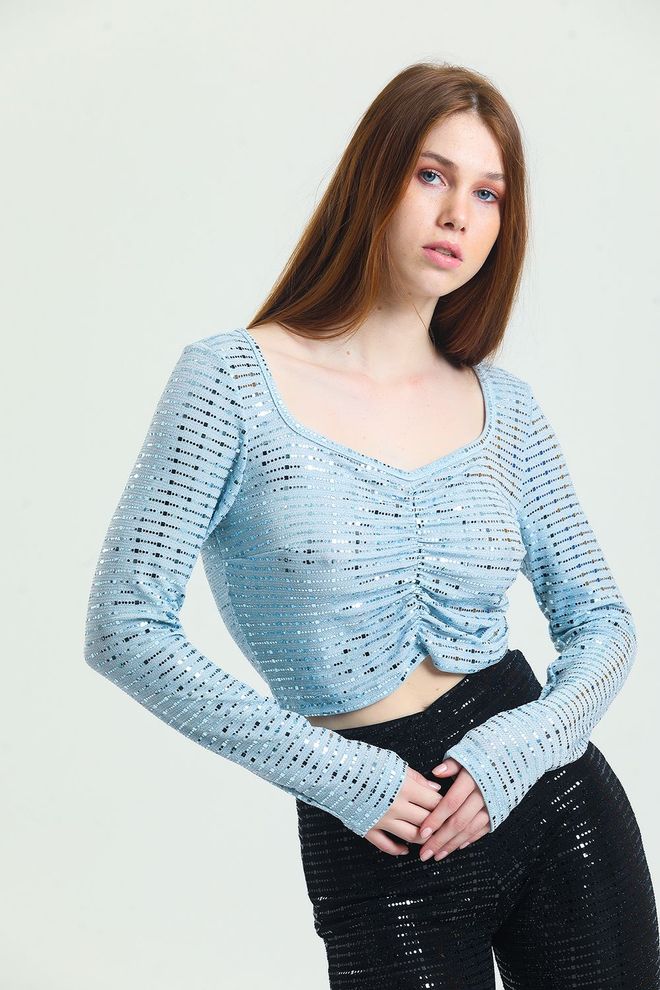 SENSE Chemisier Buzi À Paillettes Réunis Élastique À Manches Longues Sur Le Devant Bleu Vêtements en gros Sexy
