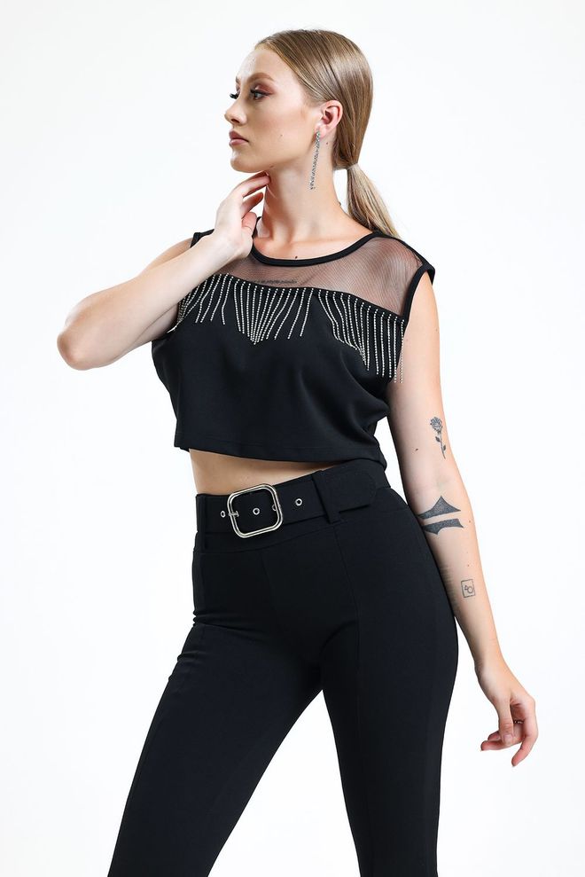SENSE Vestido De Noche Con Detalles De Piedra Y Blusa Corta Negro Ropa al por mayor Elegante