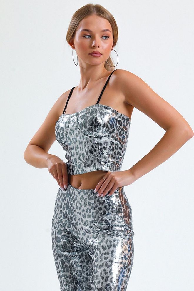 SENSE Black And White Leopard Glop Zippered Sequin Bustier Wholesale Clothing Sexy