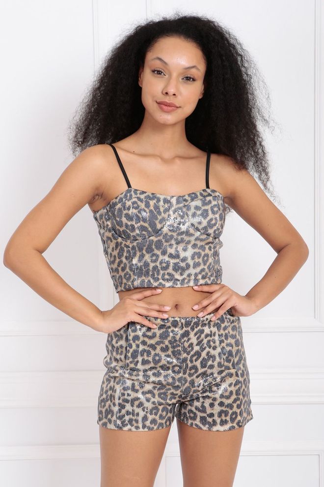 SENSE Leopard Patterned Gloped Zippered Sequined Bustier Wholesale Clothing Spring