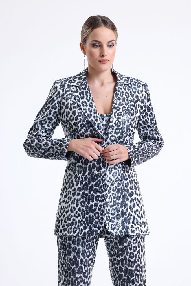 SENSE Leopard Lined Evening Dress Sequin Jacket Black & Silver Wholesale Clothing Vintage