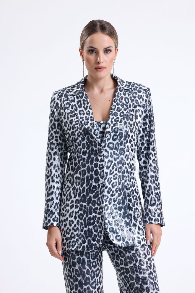 SENSE Leopard Lined Evening Dress Sequin Jacket Black & Silver Wholesale Clothing No Fabric