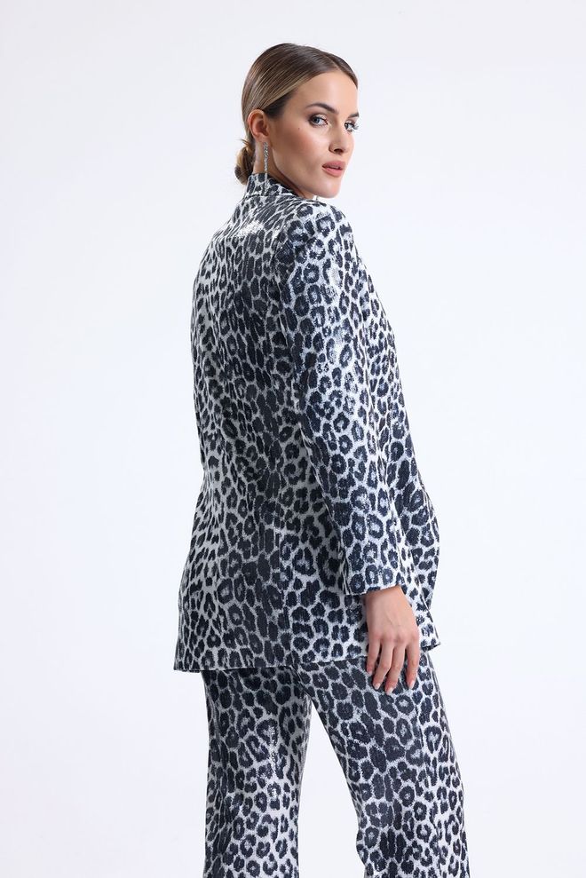 SENSE Leopard Lined Evening Dress Sequin Jacket Black & Silver Wholesale Clothing 4