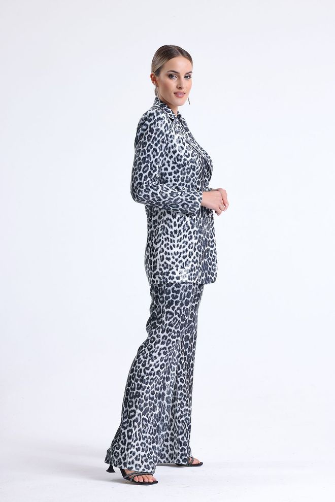 SENSE Leopard Lined Evening Dress Sequin Jacket Black & Silver Wholesale Clothing Fall