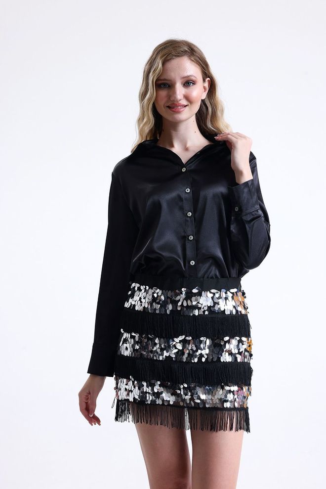 SENSE Vestido De Noche De Talla Grande Minifalda Con Lentejuelas Y Detalle De Borlas Negro Ropa al por mayor Glam