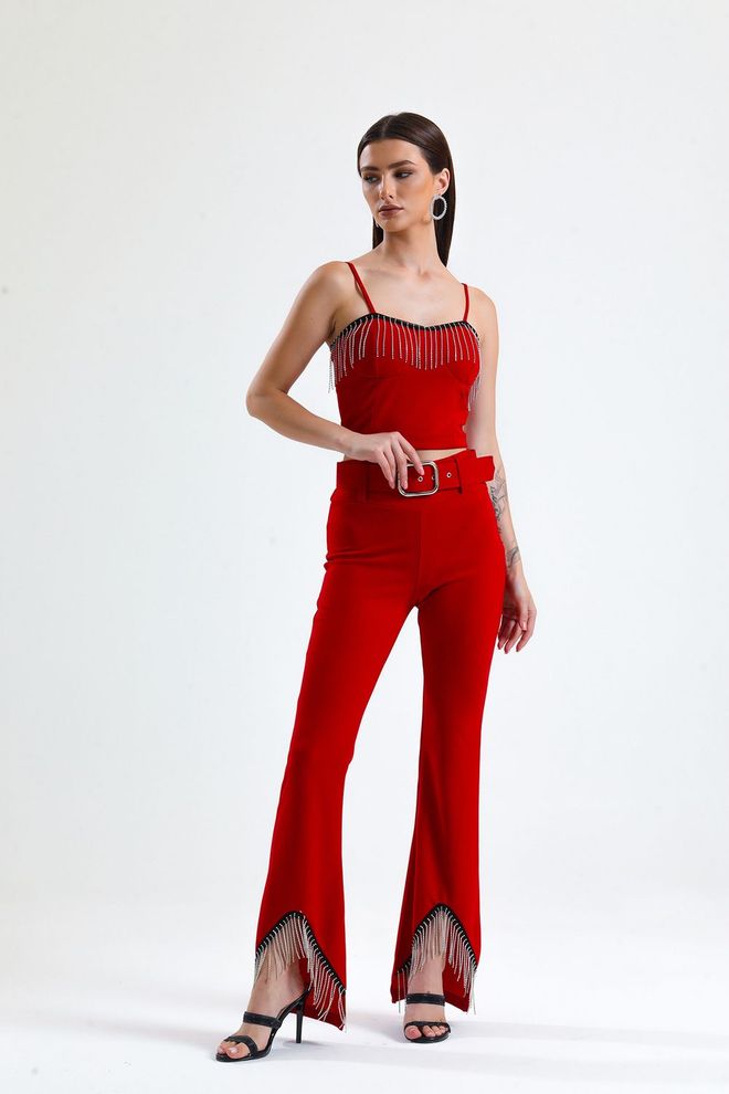 SENSE Avondjurkbroek van scuba crêpe met riem en stenen ketting met tailleband Rood Groothandel Kleding Formeel