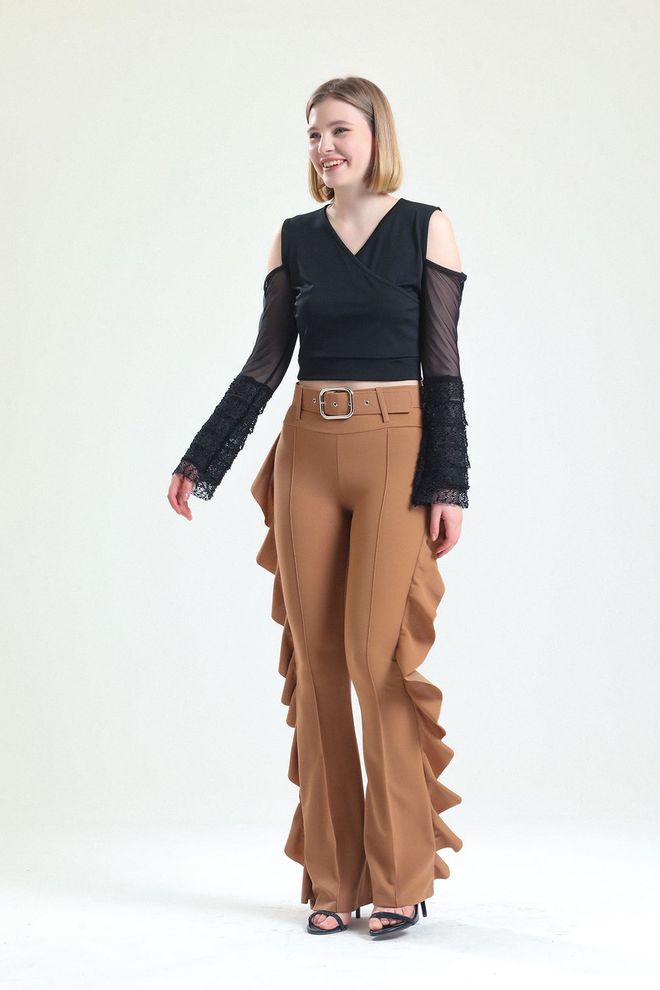 SENSE Belted Side Flounce Scuba Crepe Trousers Tobacco Wholesale Clothing Formal