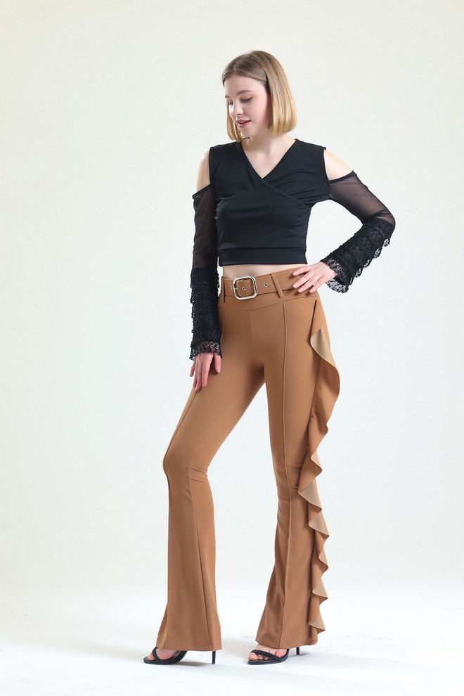 SENSE Belted Side Flounce Scuba Crepe Trousers Tobacco Wholesale Clothing Birthday